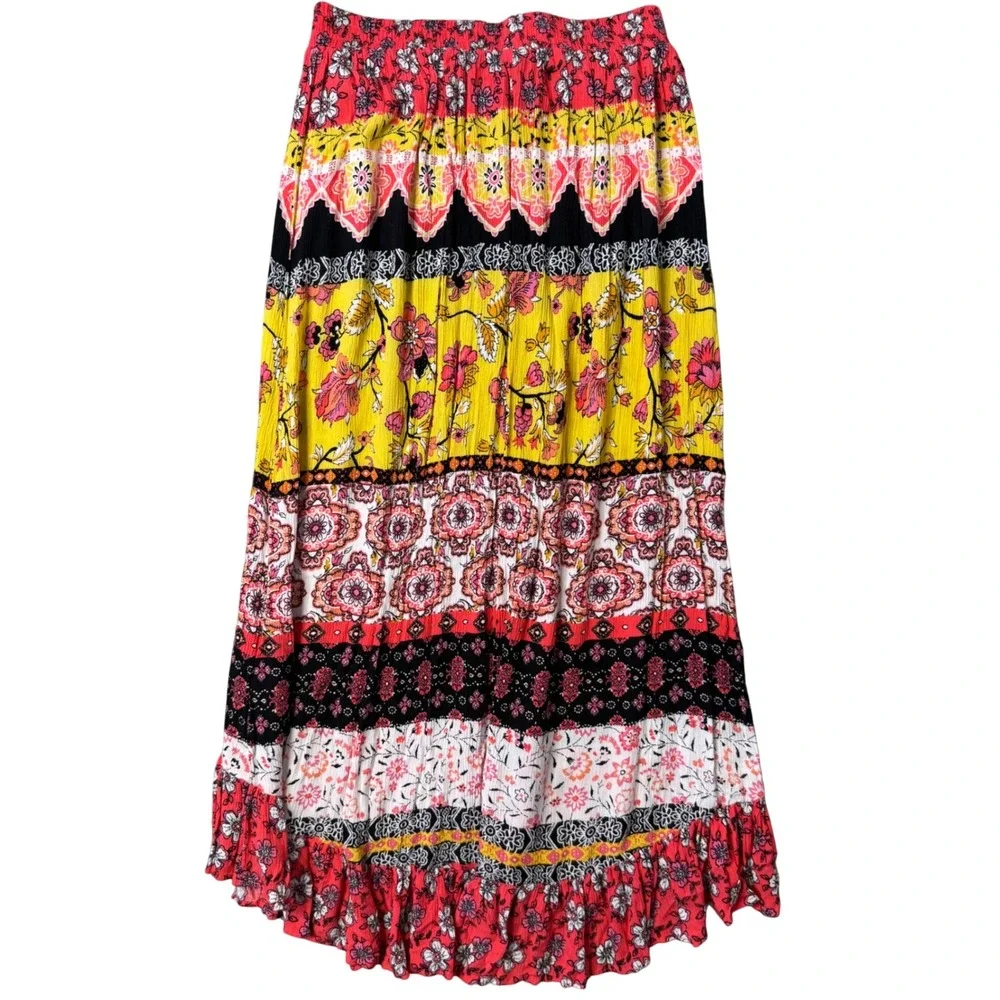 BOHO Patchwork Tiered High Low Maxi Skirt Floral Ruffle Peasant Gypsy Size XS